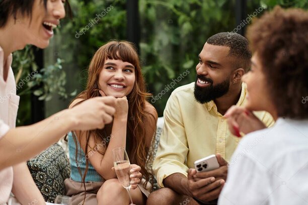 Gruppo di amici che parlano a un tavolino di un bar con luce calda