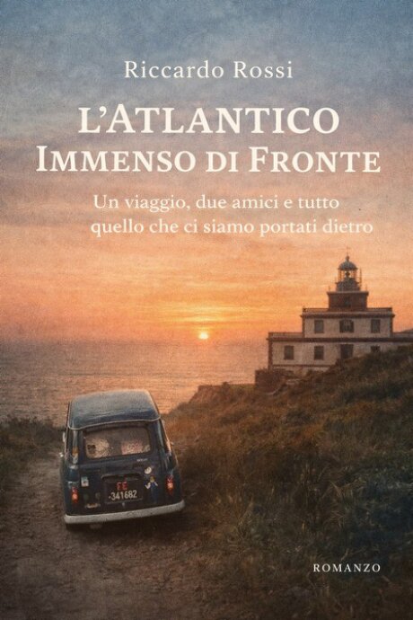 Copertina immaginaria con un mare aperto e un piccolo traghetto all’orizzonte